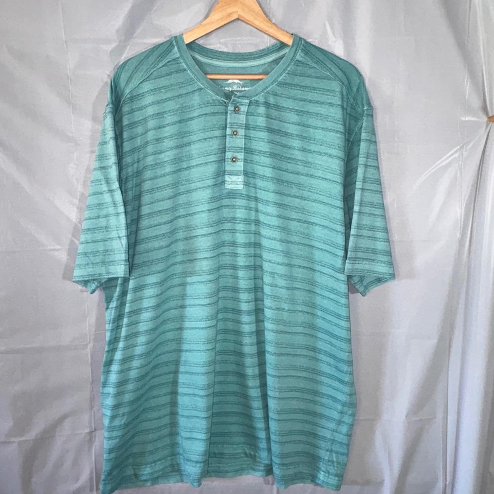 Tommy Bahama Mens XL Henley Shirt Teal Green Striped Short Sleeve Cotton Tee